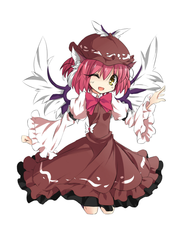 urimono, mystia lorelei, touhou, bad id, bad pixiv id, 1girl, animal ears, dress, female focus, hat, one eye closed, pink hair, short hair, simple background, solo, white background, wings, wink, yellow eyes