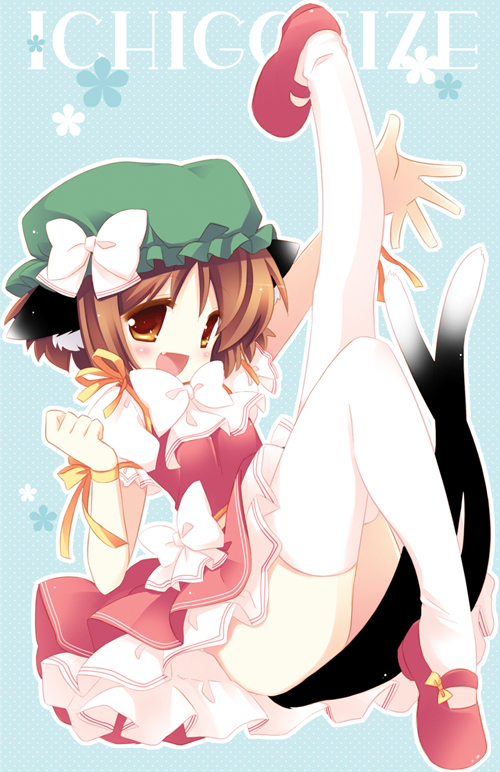 natsume eri, chen, touhou, 1girl, animal ears, brown eyes, brown hair, cat ears, cat girl, cat tail, earrings, female focus, full body, hat, jewelry, multiple tails, no nose, short hair, solo, tail, thighhighs