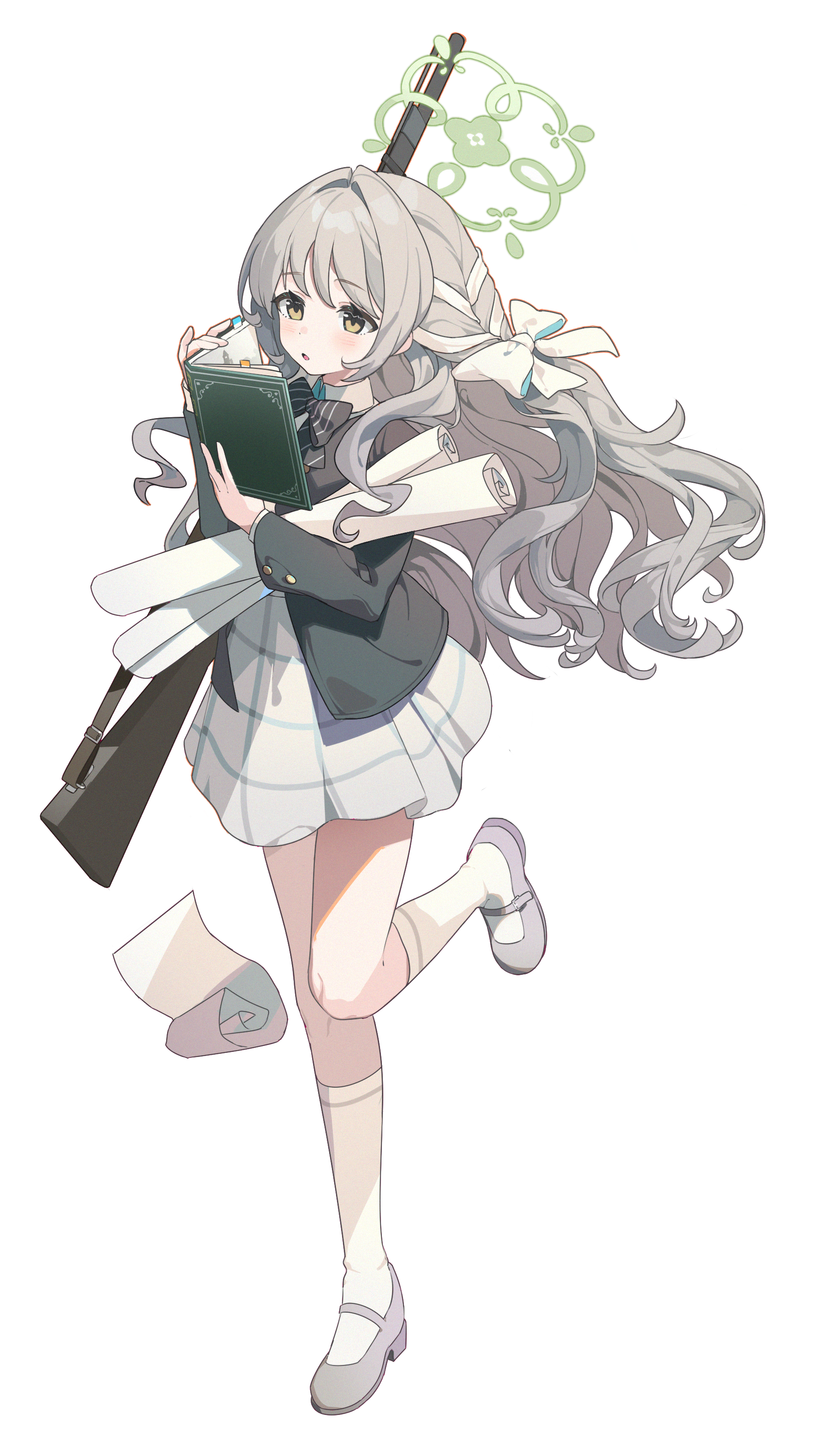 e li (77864296), miyo (blue archive), blue archive, absurdres, commentary, highres, symbol-only commentary, 1girl, black bow, black bowtie, black jacket, blazer, blush, book, bottle, bow, bowtie, braid, collared shirt, dress shirt, full body, green halo, grey hair, grey skirt, gun sling, hair between eyes, hair bow, hair intakes, hair ribbon, halo, holding, holding book, jacket, long hair, looking at viewer, medium skirt, miniskirt, multicolored hair, open mouth, paper, pleated skirt, ribbon, ribbon braid, school uniform, scroll, shirt, shoes, skirt, socks, very long hair, wavy hair, white bow, white hair, white ribbon, white shirt, white socks, yellow eyes