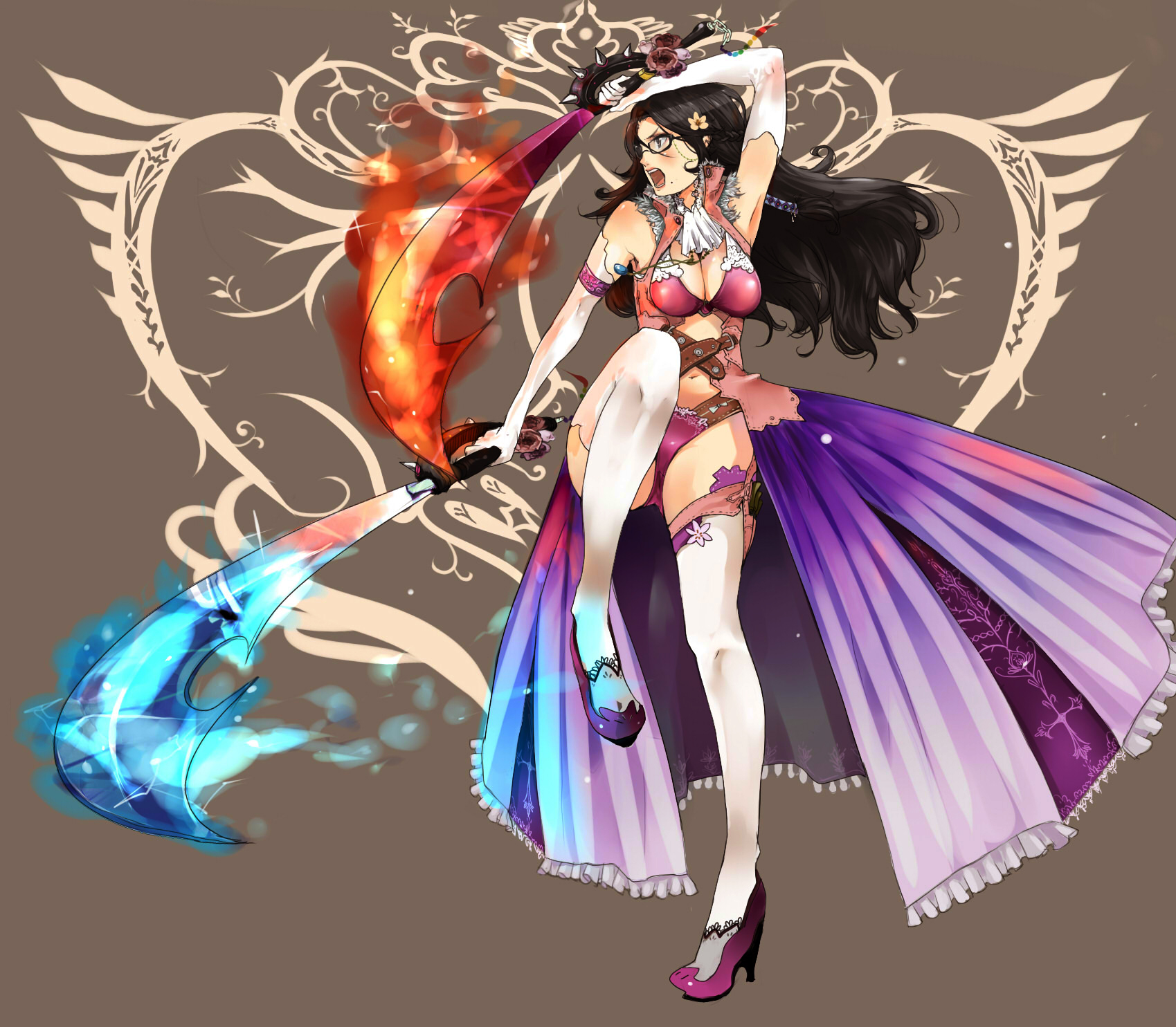 shigureteki, original, highres, 1girl, armpits, black hair, blush, breasts, cleavage, dual wielding, elbow gloves, female focus, glasses, gloves, holding, large breasts, legs, long hair, magic, mole, mole under mouth, solo, sword, thighhighs, weapon, white thighhighs