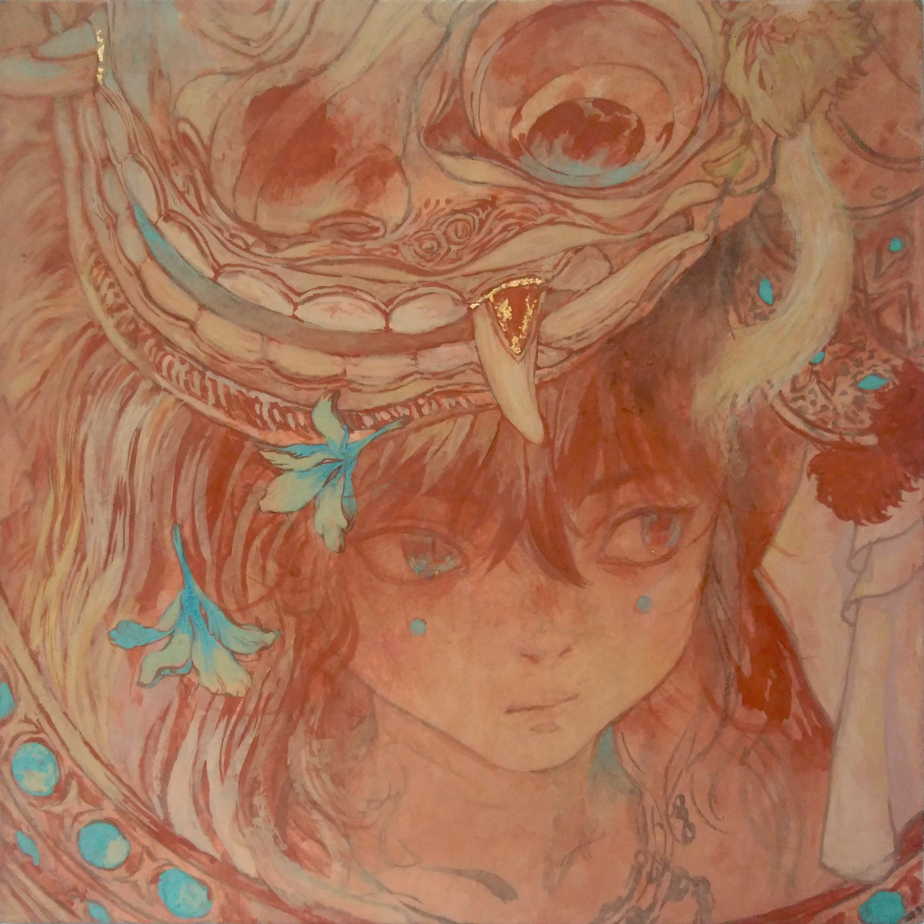 original, absurdres, commentary request, highres, traditional media, 1girl, blue eyes, close-up, facial mark, fangs, flower, grey hair, kurashiki touka, mask, solo, teeth