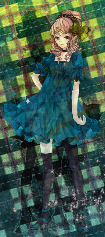 k ototo, original, brown eyes, brown hair, choker, dress, drill hair, kneehighs, long hair, socks, solo, thighhighs