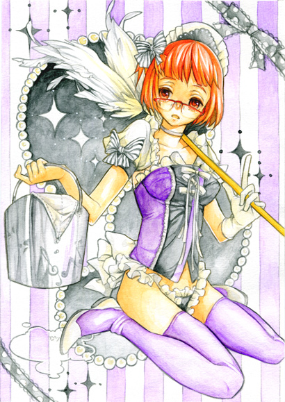 k ototo, original, bucket, corset, glasses, gloves, kneeling, maid, panties, red eyes, red hair, short hair, solo, thighhighs, underwear