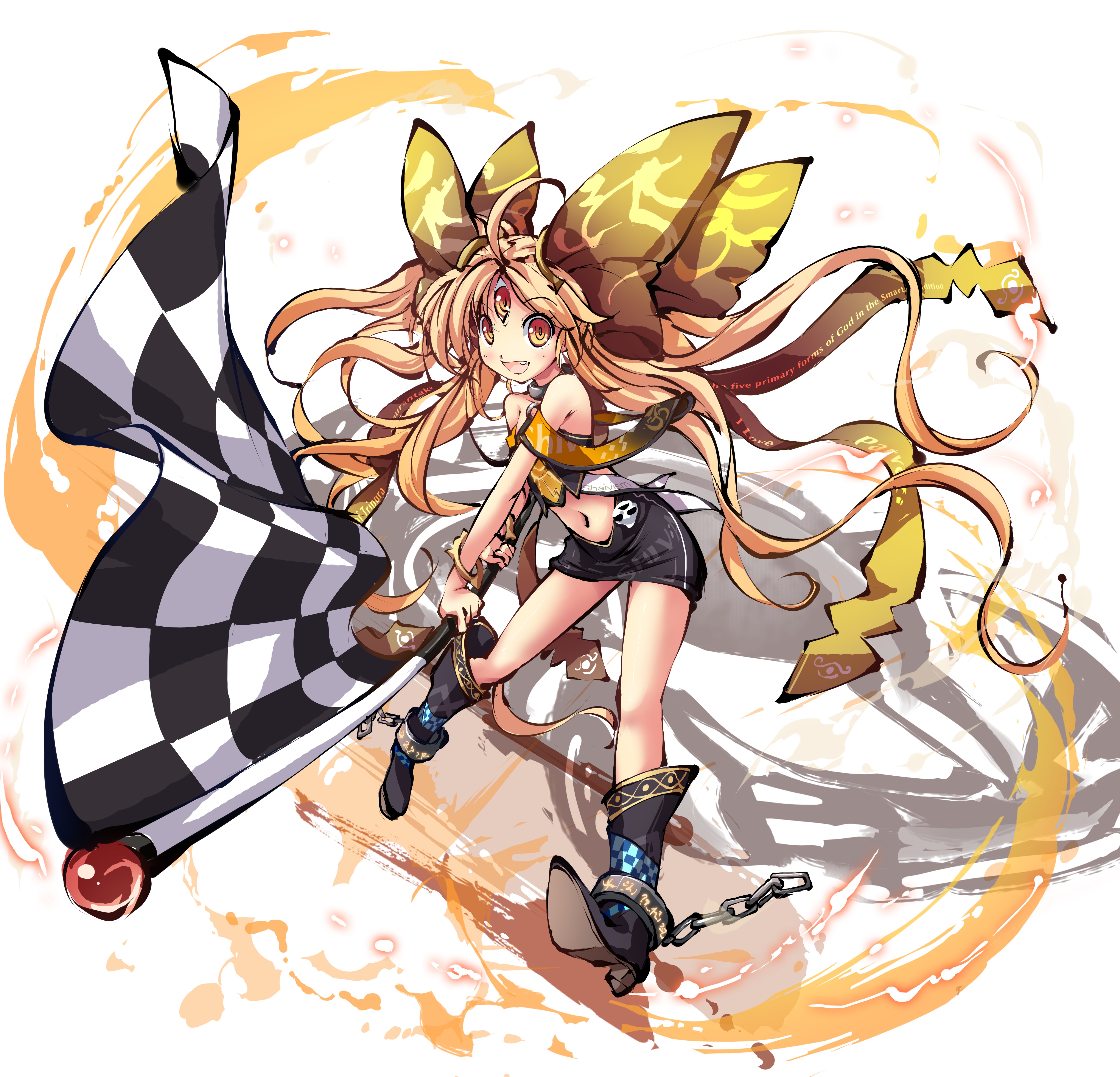 ms06s, absurdres, highres, official art, second-party source, 1girl, :d, bare shoulders, black boots, blonde hair, blush, boots, bow, breasts, checkered flag, clothing cutout, collar, dress, fang, flag, full body, hair bow, himegami kagura, holding, holding flag, long hair, looking at viewer, navel, navel cutout, open mouth, orange eyes, race queen, shiva (himegami kagura), simple background, small breasts, smile, solo, standing, strapless, strapless dress, tachi-e, teeth, third eye, twintails, upper teeth only, white background, yellow bow