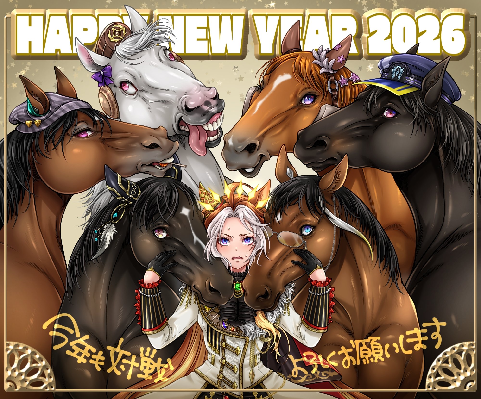 miru (mill 36), dream journey (racehorse), gold ship (racehorse), orfevre (control) (umamusume), orfevre (umamusume), stay gold (racehorse), real life, umamusume, highres, 2026, animal ears, ascot, black ascot, chinese zodiac, ear covers, ear ornament, ears through headwear, fenomeno (racehorse), happy new year, horse, horse ears, horse girl, lucky lilac (racehorse), nakayama festa (racehorse), new year, orange hair, pillbox hat, single ear cover, stay gold clan (umamusume), year of the horse