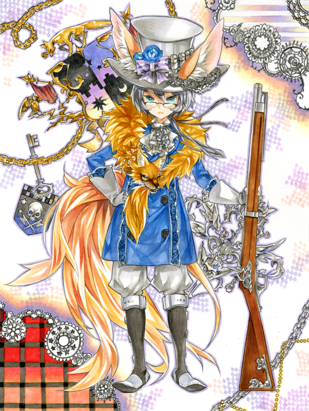 k ototo, silver hair, gender request, androgynous, animal ears, aqua eyes, boots, fox, glasses, gun, hat, rifle, short hair, solo, tail, weapon