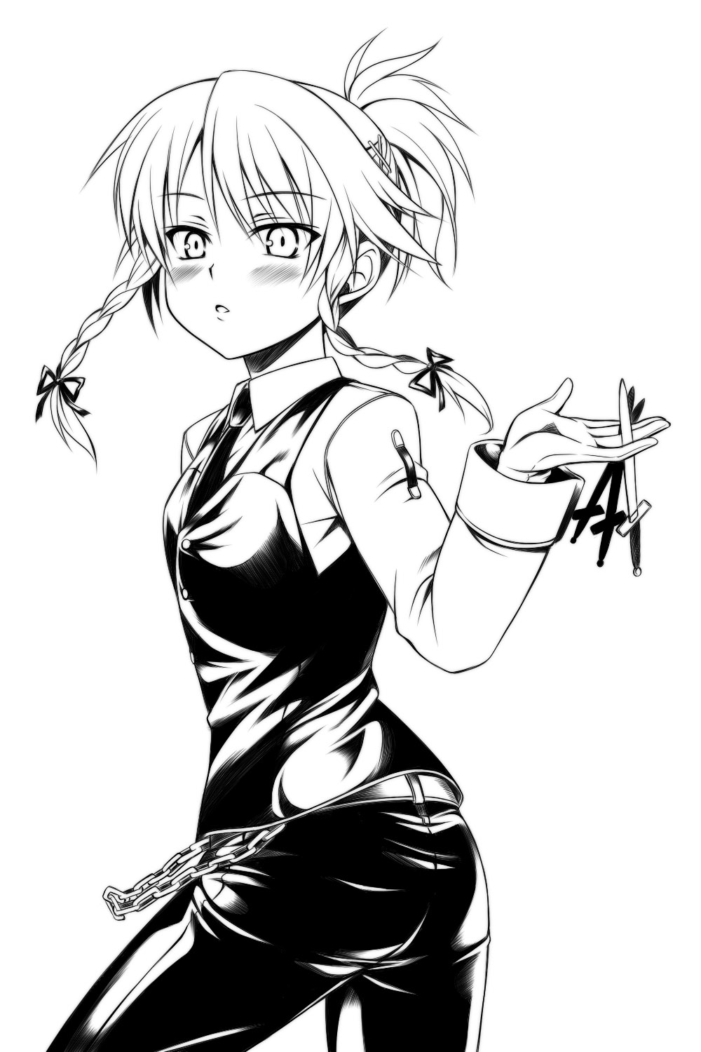 uraichishi, izayoi sakuya, touhou, bad id, bad pixiv id, highres, 1girl, blush, braid, crossdressing, crossdressing (ftm), female focus, gloves, greyscale, knife, monochrome, short hair, solo, throwing knife, twin braids, weapon
