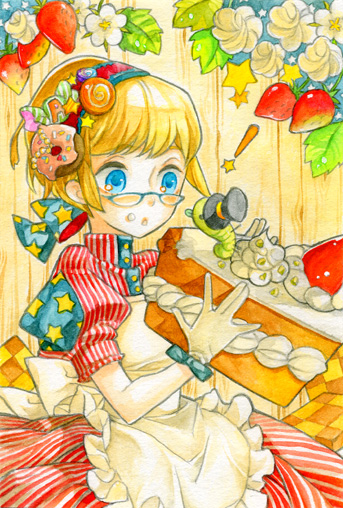 k ototo, ori, !, apron, blonde hair, blue eyes, cake, dress, food, food as clothes, fruit, glasses, pastry, solo, strawberry, worm