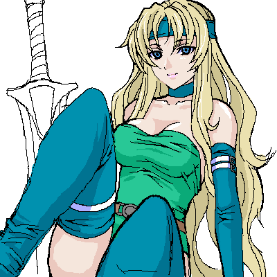 128g, celes chere, final fantasy, final fantasy vi, lowres, 1990s (style), 1girl, bare shoulders, belt, blonde hair, blue eyes, elbow gloves, female focus, gloves, headband, leotard, long hair, retro artstyle, solo, thighhighs