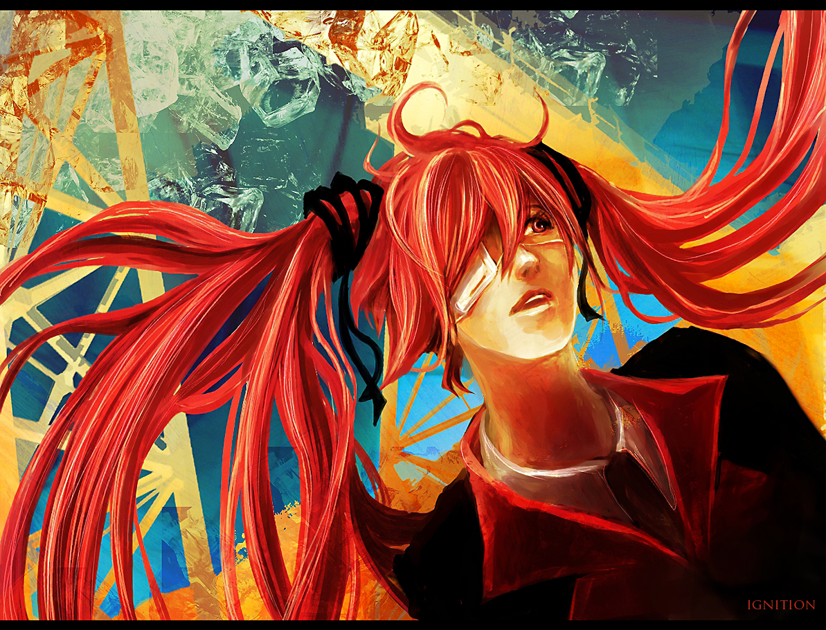 tsuyomaru, hatsune miku, vocaloid, bad id, bad pixiv id, 1girl, eyepatch, female focus, formal clothes, hair ribbon, letterboxed, necktie, red eyes, red hair, ribbon, solo, suit, twintails