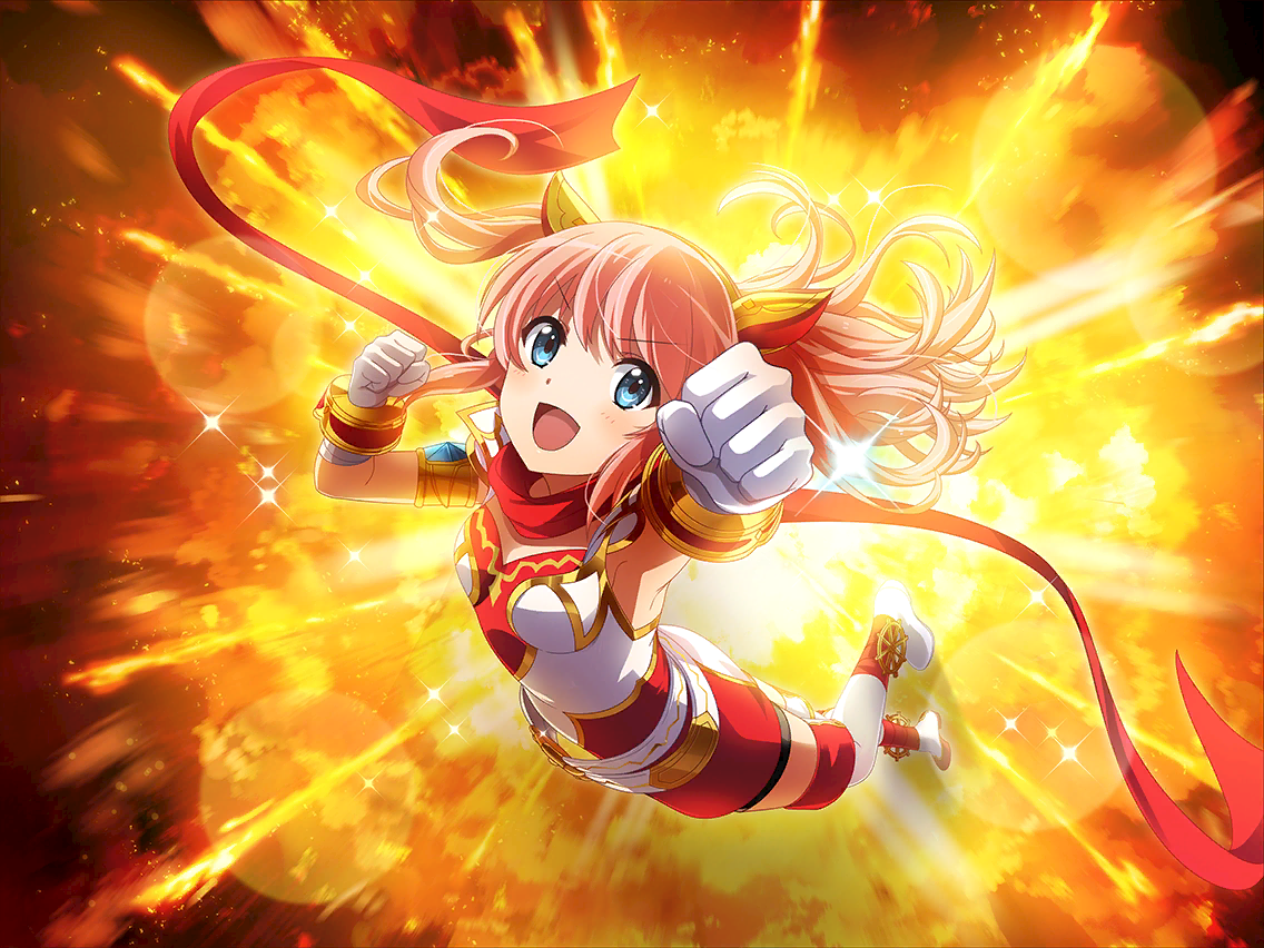 nonomiya lalafin, shoujo kageki revue starlight, shoujo kageki revue starlight -re live-, game cg, official art, 1girl, blue eyes, clenched hands, explosion, gloves, long hair, looking at viewer, midair, open mouth, pink hair, red scarf, red skirt, scarf, skirt, solo, thighhighs, two side up, v-shaped eyebrows, white gloves, white thighhighs