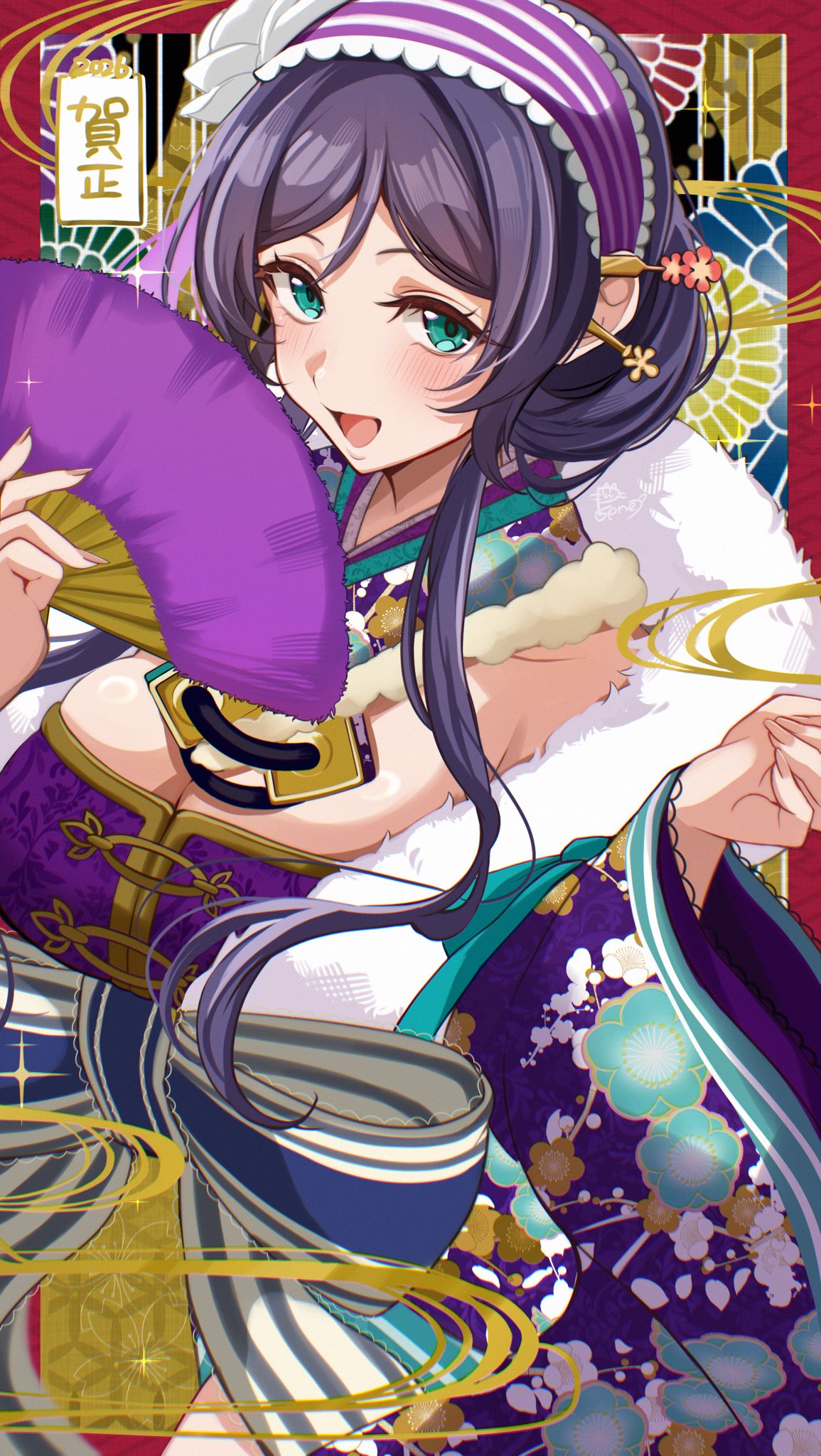 pukonuu, tojo nozomi, love live!, love live! school idol project, highres, 1girl, alternate costume, breasts, earrings, green eyes, hand fan, holding, holding fan, huge breasts, japanese clothes, jewelry, kimono, large breasts, looking at viewer, open mouth, purple hair, purple kimono, solo, standing, twintails