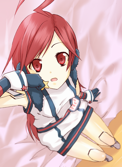 meso-meso, sf-a2 miki, vocaloid, bad id, bad pixiv id, 1girl, ahoge, bed, belt, dress, female focus, gloves, headphones, joints, long hair, looking up, red eyes, red hair, robot joints, solo, star (symbol), striped clothes, striped gloves, wrist cuffs