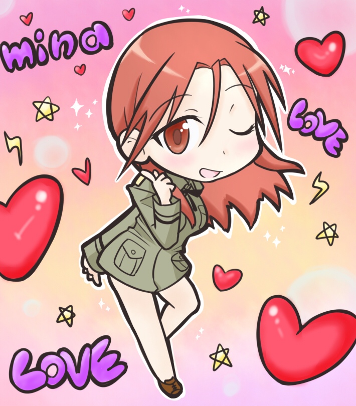 minna-dietlinde wilcke, strike witches, world witches series, 00s, 1girl, chibi, english text, female focus, heart, red hair, solo