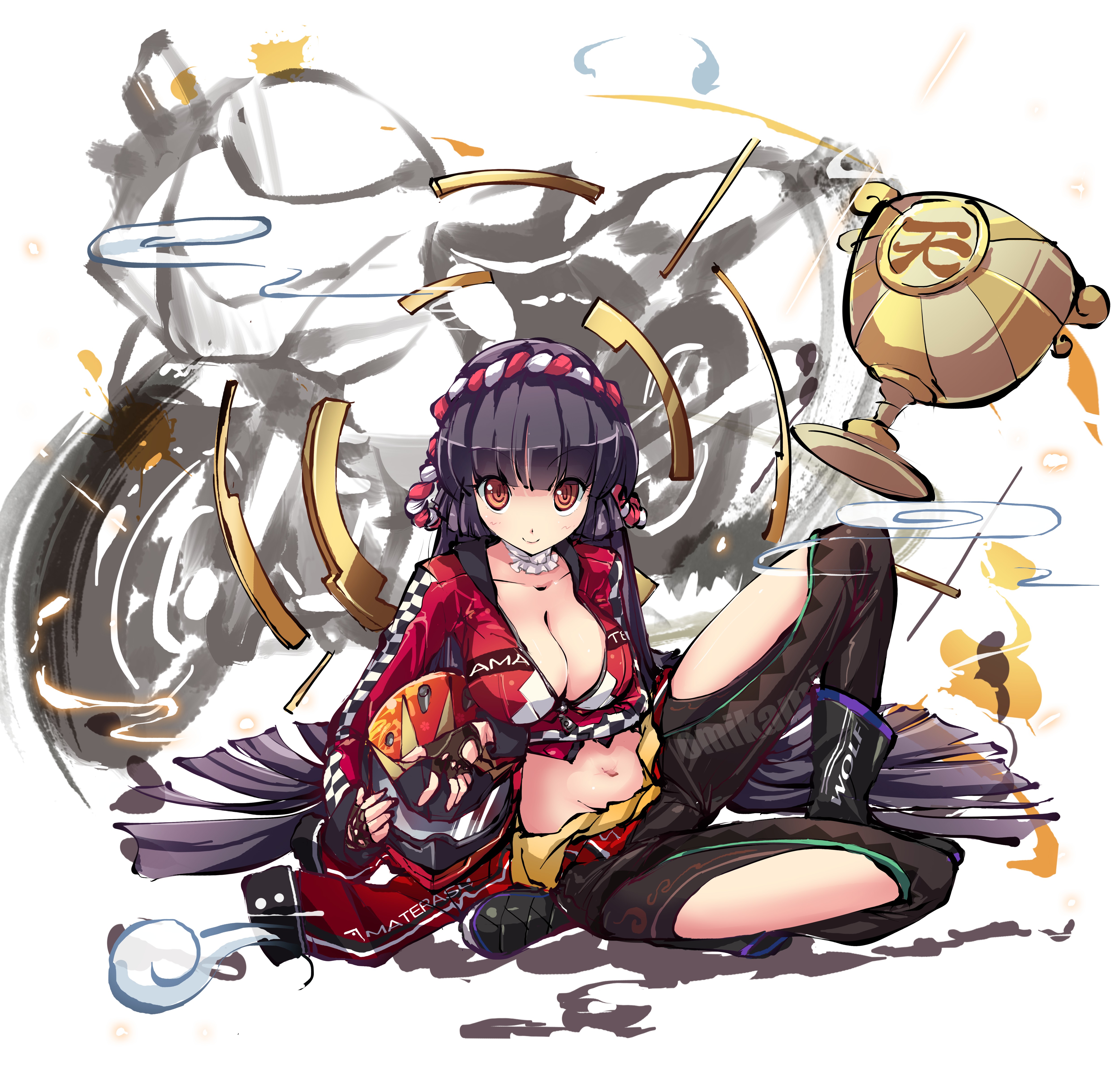 ms06s, absurdres, highres, official art, second-party source, 1girl, amaterasu omikami (himegami kagura), black boots, black hair, black pants, boots, breasts, brown eyes, cleavage, closed mouth, clothing cutout, collarbone, cropped jacket, full body, hairband, helmet, himegami kagura, holding, holding unworn helmet, jacket, large breasts, long hair, long sleeves, looking at viewer, navel, open clothes, open jacket, pants, sidelocks, simple background, sitting, smile, solo, tachi-e, trophy, unworn headwear, unworn helmet, very long hair, white background
