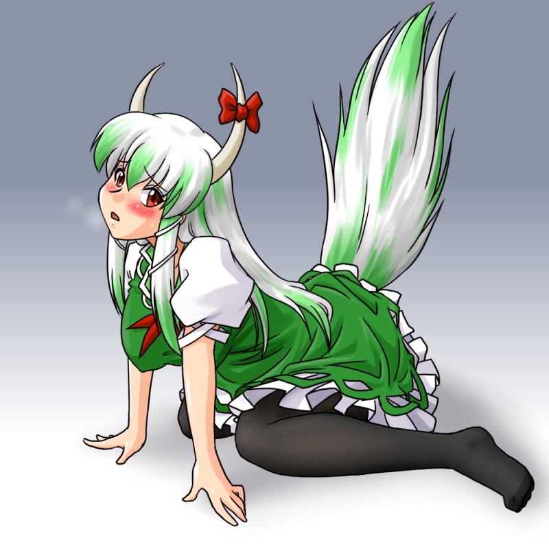 supon, ex-keine, kamishirasawa keine, touhou, 1girl, blush, feet, female focus, horns, long hair, pantyhose, red eyes, solo, tail