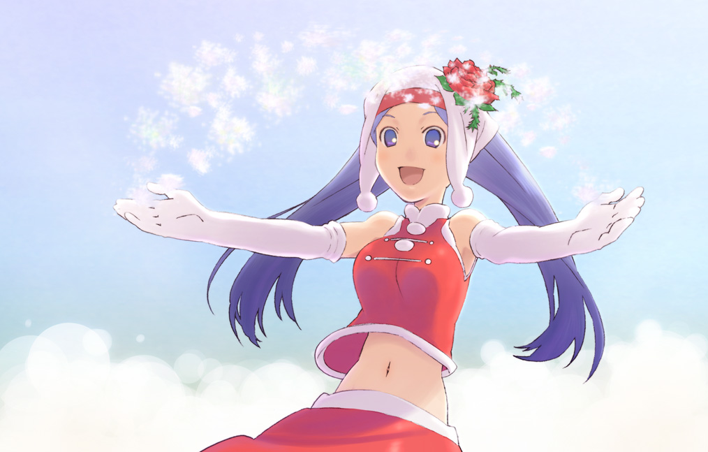 pandaun, breasts, elbow gloves, gloves, happy, hat, large breasts, long hair, midriff, outstretched arms, purple eyes, purple hair, santa costume, solo, spread arms