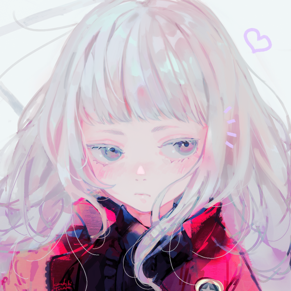 original, commentary request, 1girl, blunt bangs, blush, expressionless, grey eyes, jacket, kurashiki touka, long hair, looking at viewer, red jacket, sketch, solo, upper body, white hair