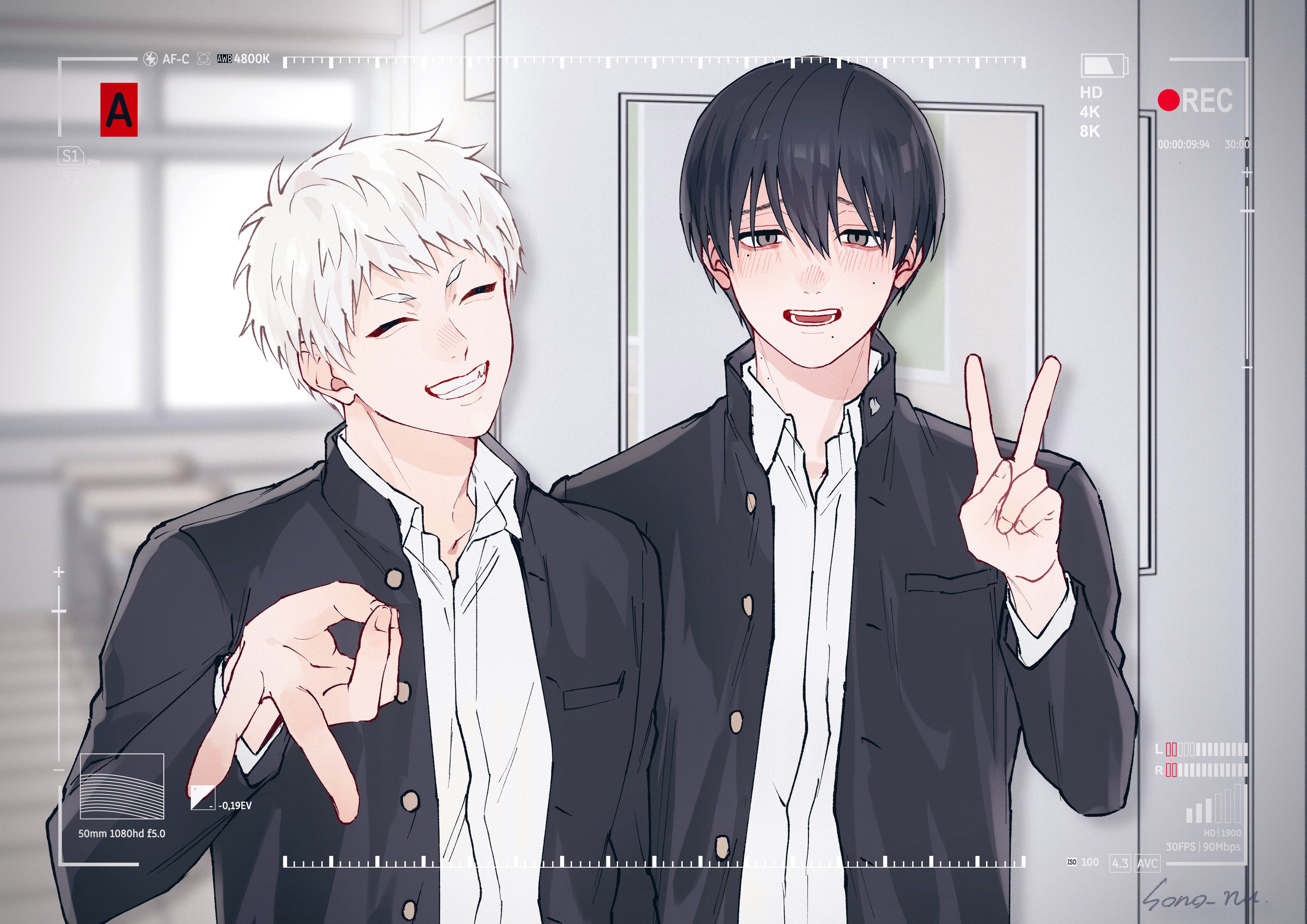 sono nu, indou hikaru, tsujinaka yoshiki, hikaru ga shinda natsu, absurdres, commentary, highres, symbol-only commentary, 2boys, artist name, battery indicator, black hair, blurry, blurry background, blush, buttons, classroom, closed eyes, closed mouth, collared shirt, facing viewer, gakuran, grey eyes, jacket, long sleeves, looking at viewer, male focus, mole, mole on cheek, mole on neck, mole under eye, mole under mouth, multiple boys, multiple moles, open clothes, open jacket, recording, school uniform, shirt, short eyebrows, short hair, slit pupils, smile, unbuttoned, upper body, v, viewfinder, white hair, white shirt