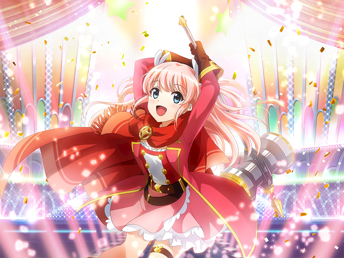 nonomiya lalafin, shoujo kageki revue starlight, shoujo kageki revue starlight -re live-, game cg, official art, 1girl, belt, blue eyes, brown belt, brown gloves, cape, confetti, gloves, hammer, holding, holding hammer, jacket, long hair, long sleeves, looking at viewer, open mouth, pink hair, pink skirt, red cape, red jacket, red scarf, scarf, skirt, sledgehammer, solo, stage lights, standing, thigh strap, two side up, upper body