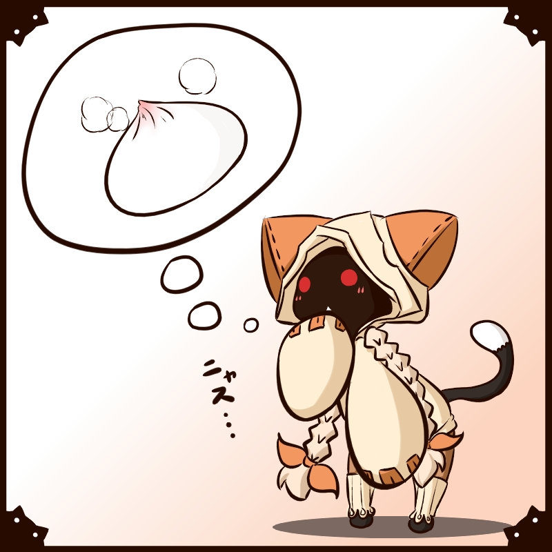 fuugetsu oreha ikiru, taokaka, arc system works, blazblue, 1girl, animal ears, blonde hair, braid, cat ears, cat tail, chibi, dark-skinned female, dark skin, female focus, food, hungry, imagining, red eyes, ribbon, solo, steamed bun, tail, twin braids