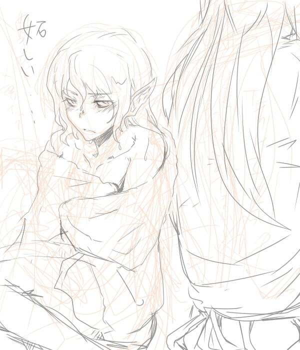 jingo kajiki, hoshiguma yuugi, mizuhashi parsee, touhou, bad id, bad pixiv id, translation request, 2girls, back, bare shoulders, blush, female focus, long hair, monochrome, multiple girls, nude, pointy ears, short hair, sitting, sketch, towel, wet