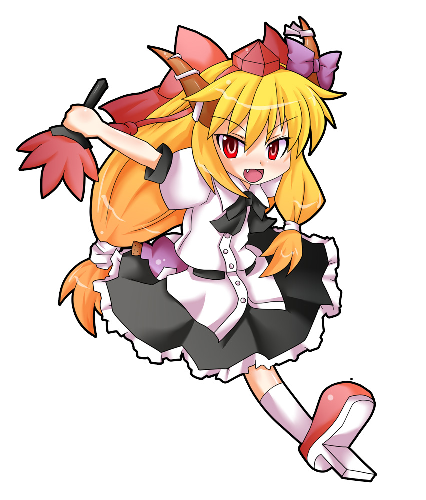 akatsu botan, ibuki suika, shameimaru aya, touhou, 1girl, blonde hair, blush, cosplay, female focus, geta, hand fan, hat, horns, long hair, looking at viewer, open mouth, red eyes, shameimaru aya (cosplay), simple background, solo, tengu-geta, tokin hat, white background