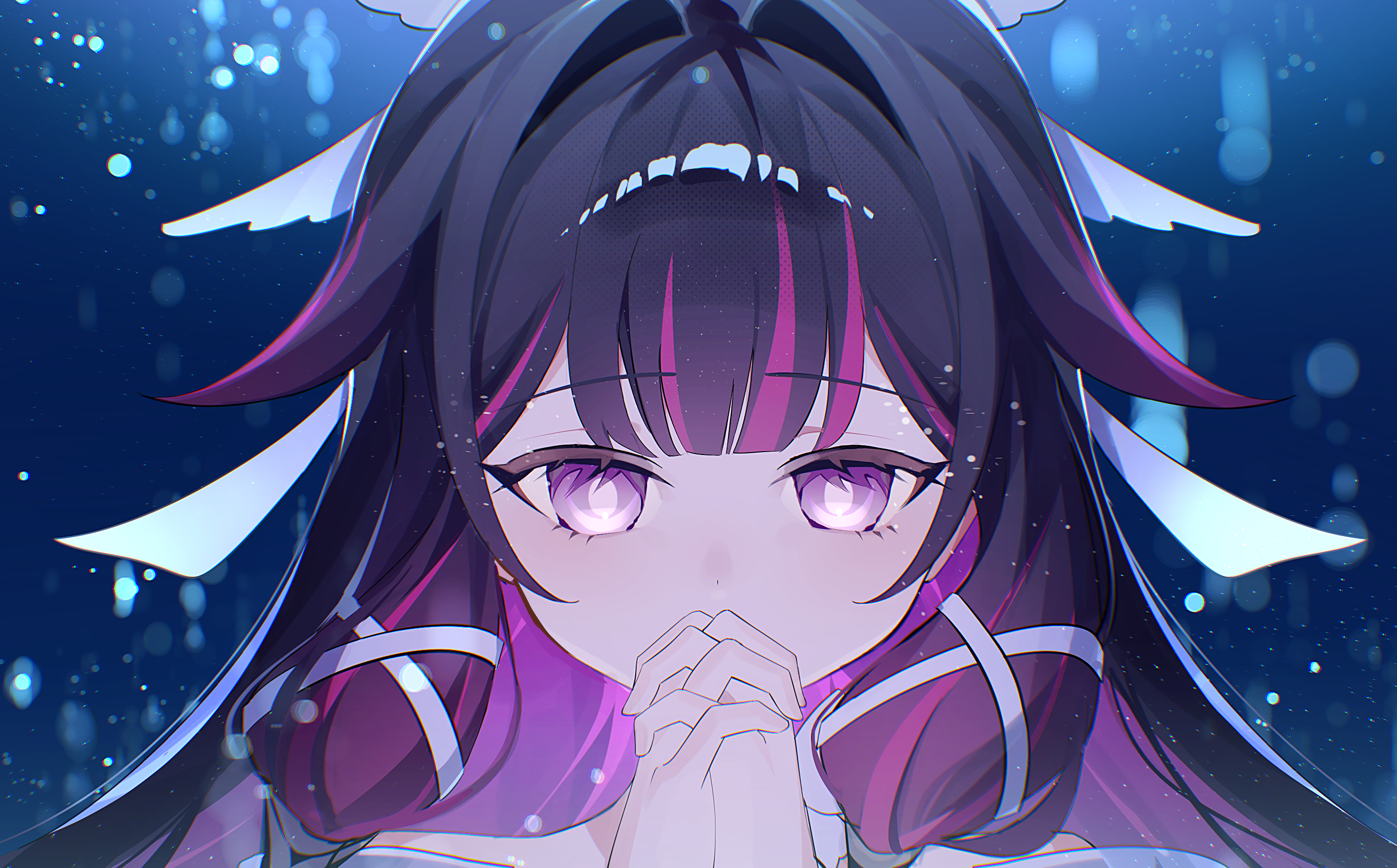 hiroyi (mei), columbina (genshin impact), genshin impact, commentary request, highres, 1girl, black hair, blurry, blurry background, hair intakes, hair ornament, hands up, interlocked fingers, looking at viewer, multicolored hair, own hands clasped, own hands together, portrait, purple eyes, purple hair, solo, streaked hair, unusually open eyes, wing hair ornament