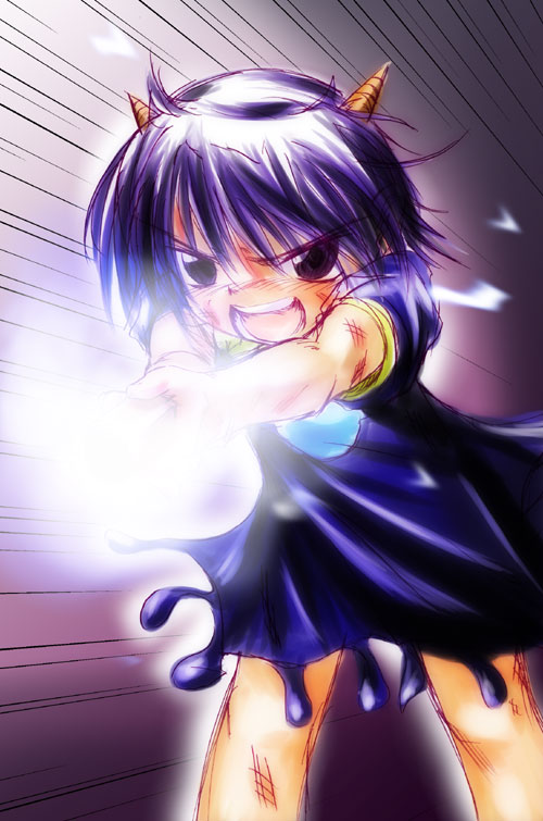 laila, konjiki no gash!!, 00s, blue hair, bruise, child, demon girl, dress, fighting, horns, injury, magic, open mouth, short hair