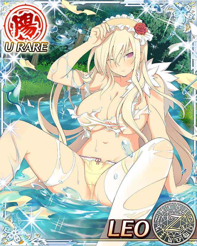 leo (senran kagura), senran kagura, senran kagura new wave, official art, 1girl, aquarius (symbol), aries (symbol), arm support, blonde hair, blush, border, breasts, cancer (symbol), capricorn (symbol), card (medium), character name, cleavage, dodecagram, dress, english text, flower, forest, frilled hairband, frills, fur collar, gemini (symbol), grass, groin, hair between eyes, hair flower, hair ornament, hairband, lace, lace-trimmed panties, lace trim, large breasts, leo (symbol), libra (symbol), long hair, looking at viewer, nature, navel, one eye closed, outdoors, panties, pisces (symbol), plant, purple eyes, red flower, red rose, river, rose, sagittarius (symbol), school emblem, scorpio (symbol), shiny skin, sitting, solo, sparkle, spread legs, taurus (symbol), thighhighs, torn clothes, torn dress, torn thighhighs, tree, underboob, underwear, very long hair, virgo (symbol), water, wet, white thighhighs, wince, yellow hairband, yellow panties, zodiac wheel