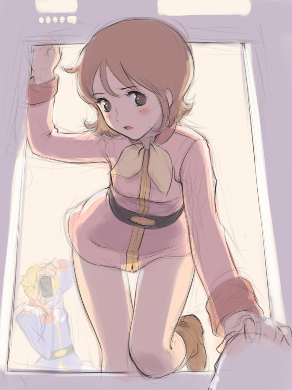 sano toshihide, fraw bow, job john, gundam, mobile suit gundam, bad id, bad pixiv id, highres, 1boy, 1girl, ascot, bent over, blush, brown eyes, brown hair, camera, freckles, legs, sketch, solo focus