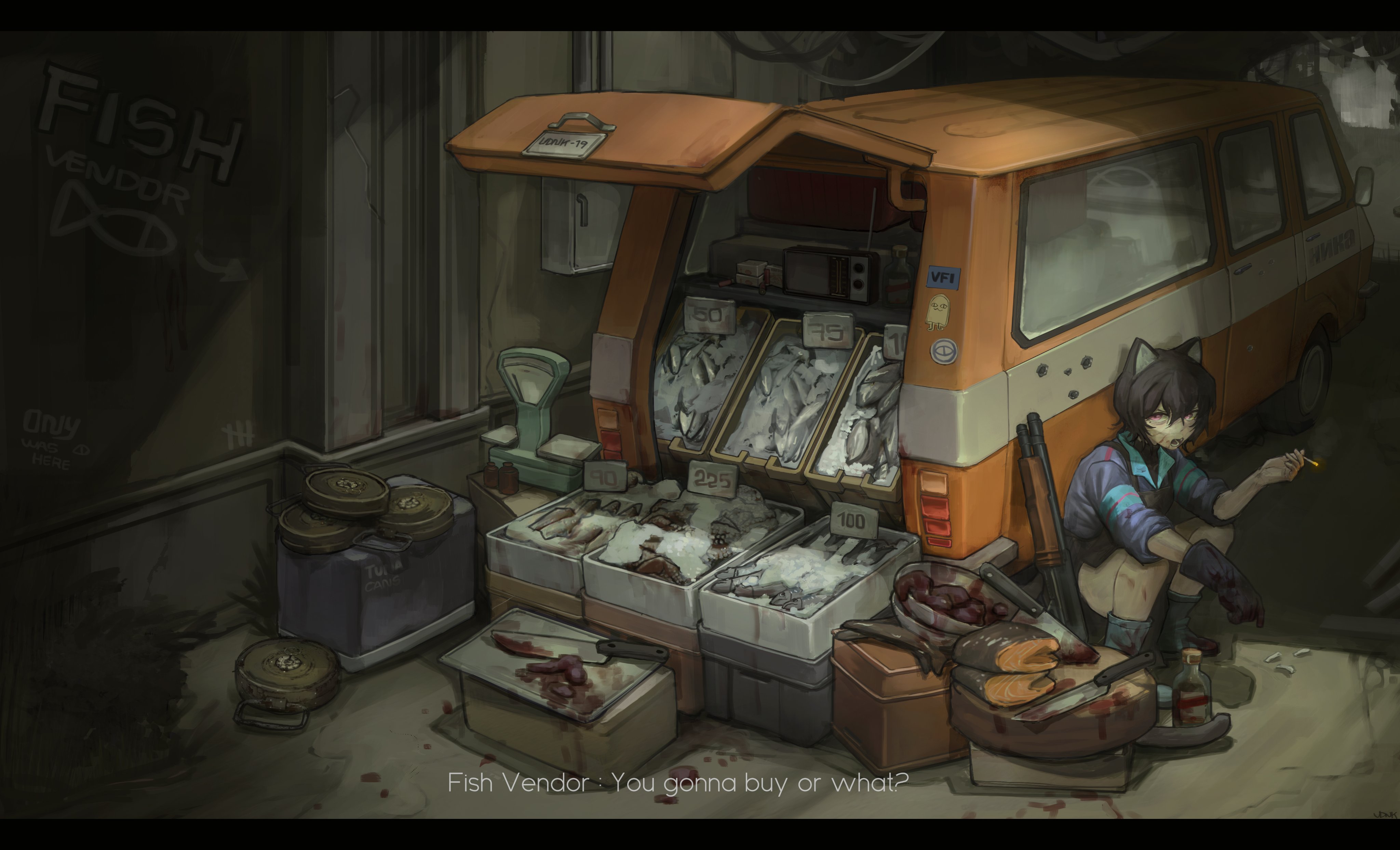 19vodnik, original, absurdres, commentary, english commentary, highres, 1girl, alley, ammunition, animal ears, black hair, blood, blood on face, blood on gloves, boots, bottle, bullet hole, cat ears, cigarette, crt, english text, explosive, fish, gloves, graffiti, gun, holding, holding cigarette, ice, knife, ks-23, letterboxed, mine (weapon), motor vehicle, open mouth, pump action, purple eyes, shotgun, shotgun shell, single glove, smoking, solo, squatting, subtitled, talking, van, weapon