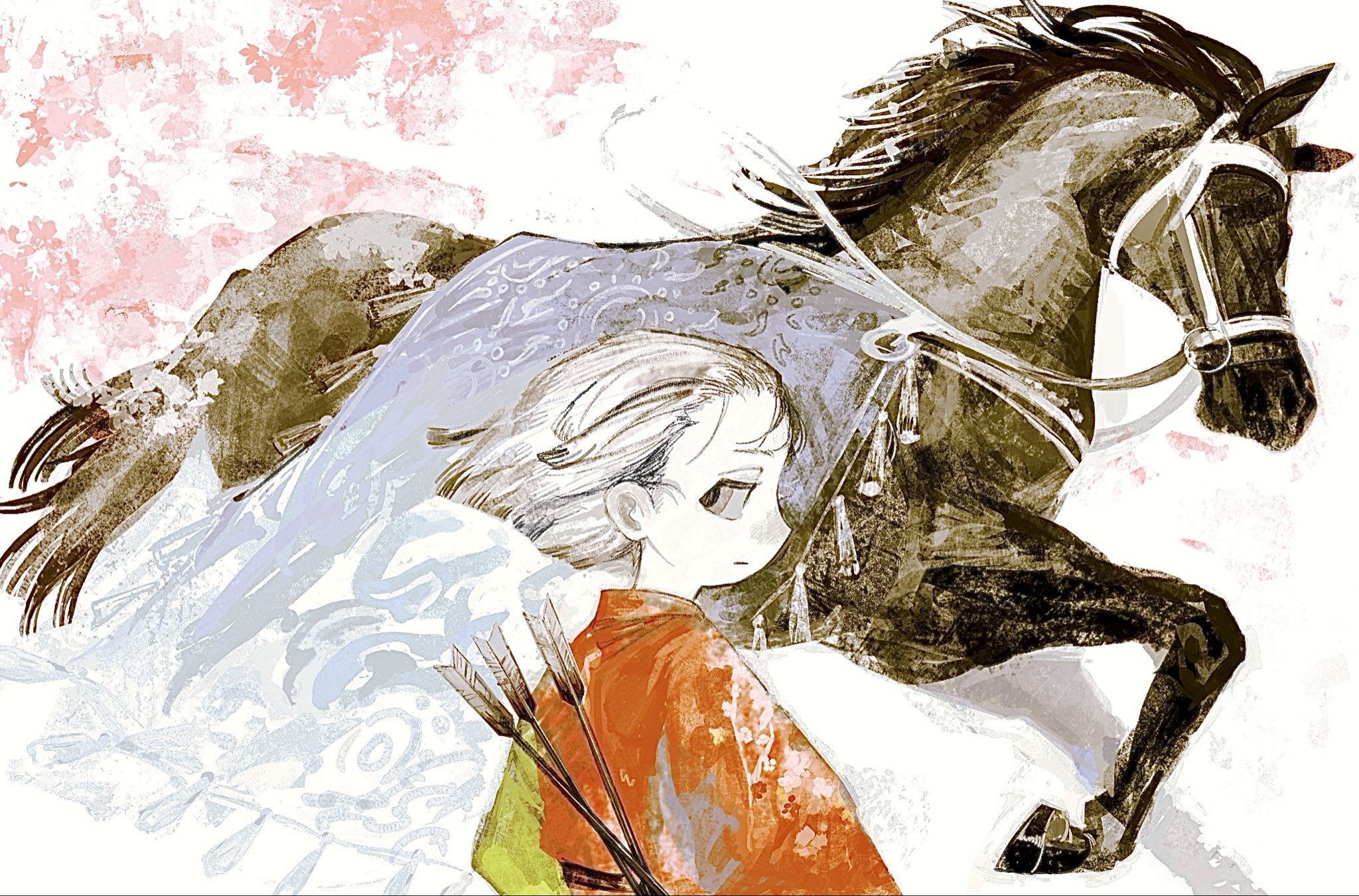 o29 (yoirou00), original, commentary request, highres, 1girl, arrow (projectile), chinese zodiac, expressionless, horse, japanese clothes, kimono, looking at viewer, new year, profile, red kimono, short hair, solo, white eyes, white hair, year of the horse