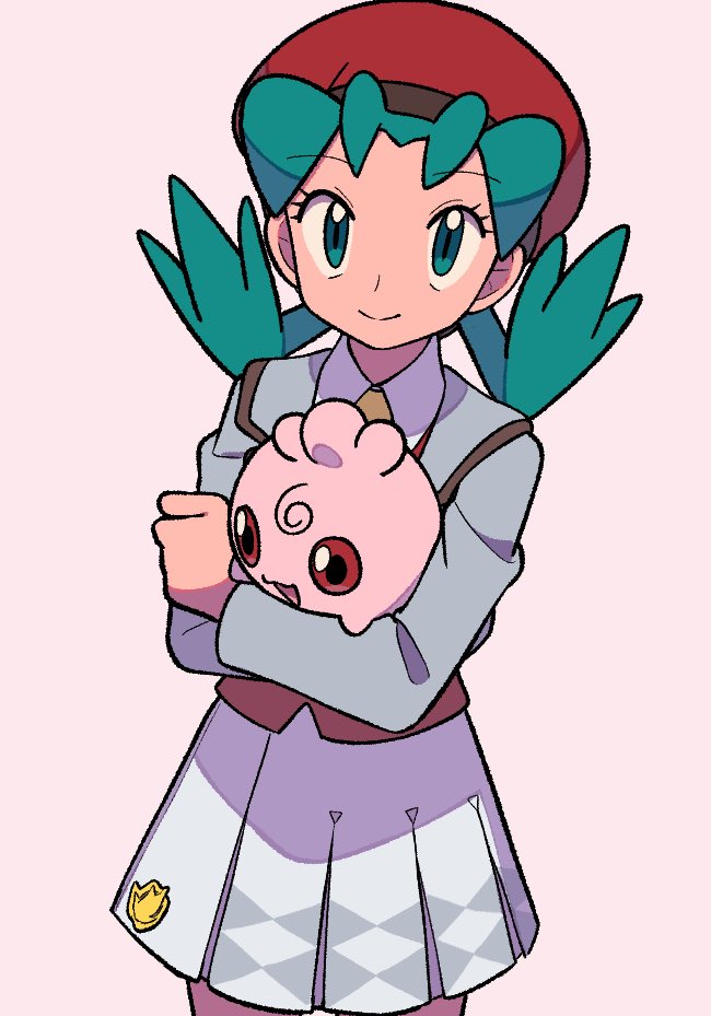 tyako 089, igglybuff, kris (pokemon), rosa (academy) (pokemon), rosa (pokemon), nintendo, pokemon, pokemon masters ex, 1girl, blue eyes, blue hair, closed mouth, collared shirt, cosplay, gen 2 pokemon, grey jacket, hat, holding, holding pokemon, jacket, long hair, long sleeves, looking at viewer, pleated skirt, pokemon (creature), red vest, rosa (pokemon) (cosplay), school uniform, shirt, skirt, smile, twintails, vest, white shirt