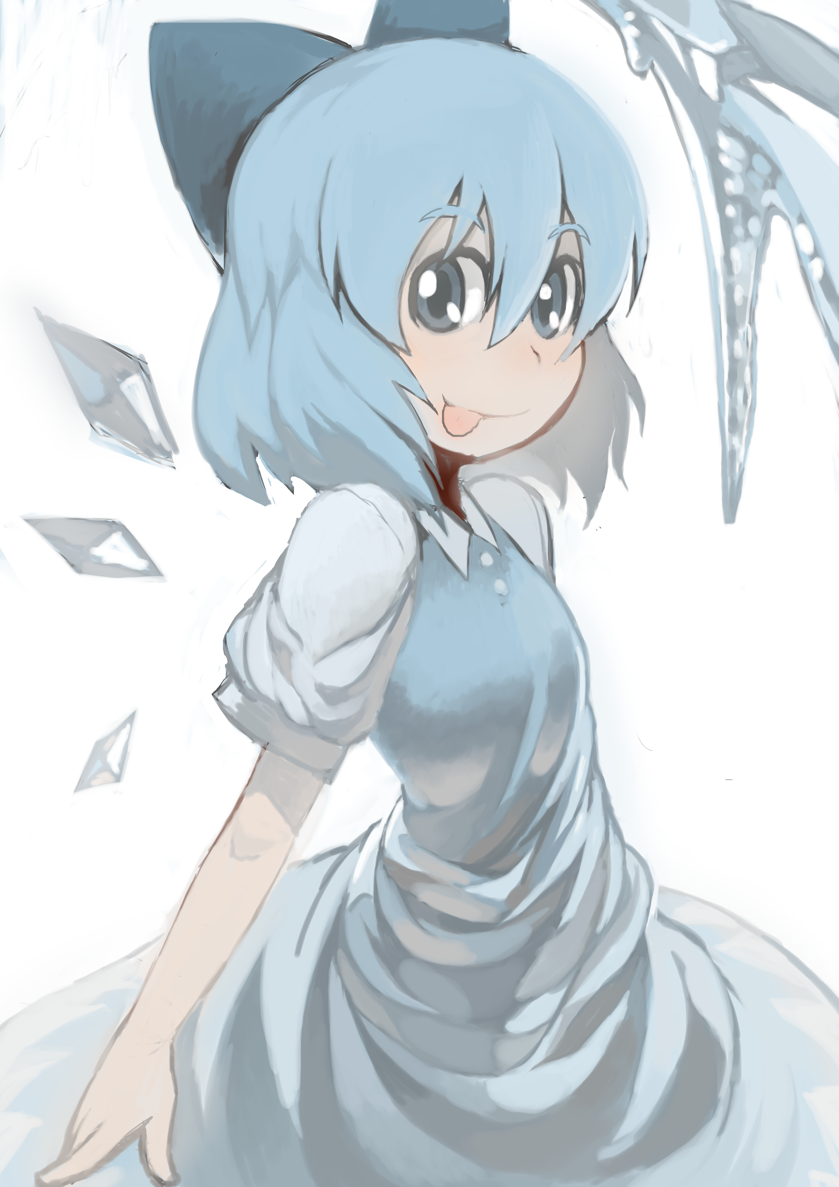 asakawa remon, cirno, touhou, touhou hisoutensoku, absurdres, highres, :p, hair between eyes, solo, tongue, tongue out