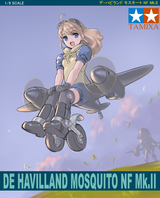 sano toshihide, tamiya incorporated, bad id, bad pixiv id, 1girl, ahoge, aircraft, airplane, blonde hair, blue eyes, blush, brand name imitation, brown hair, de havilland mosquito, flying, goggles, goggles on head, long hair, mecha musume, military, open mouth, smile, solo focus, thighhighs, world war ii