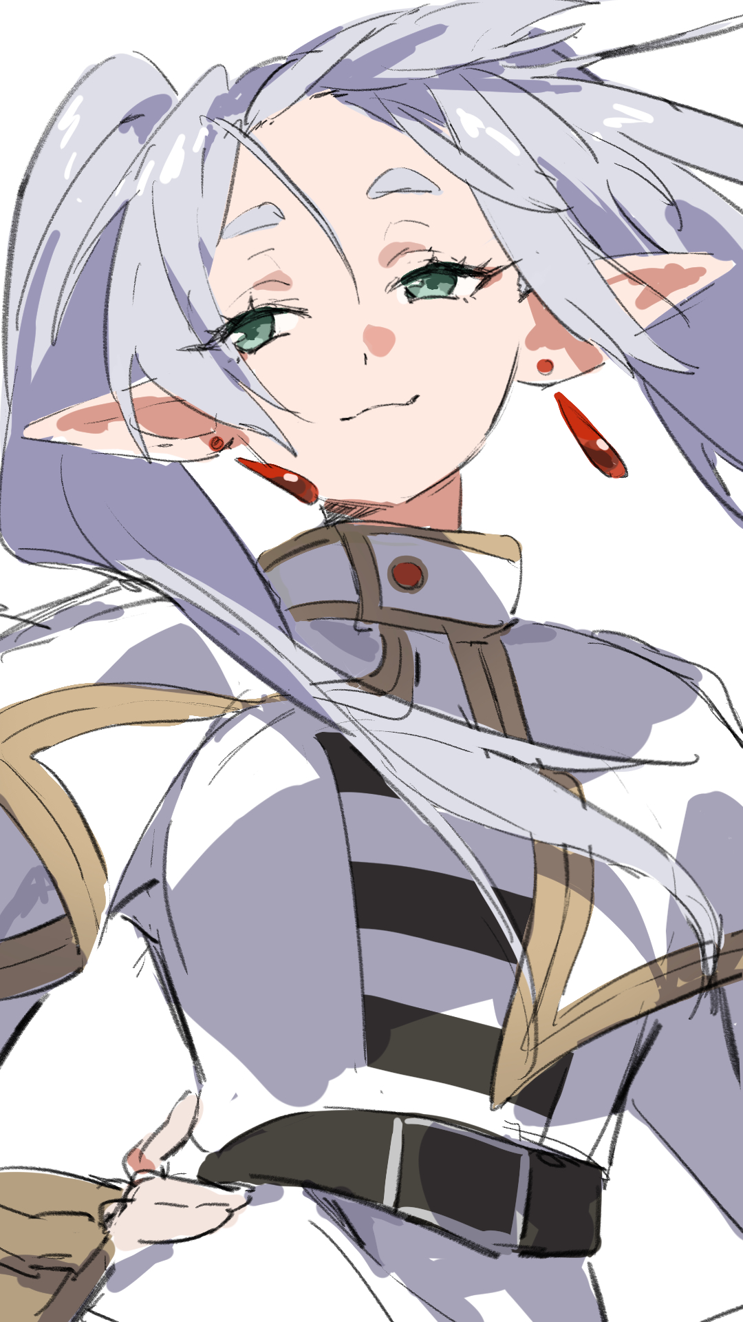 sylvia (huajiuhuajiu), frieren, sousou no frieren, chinese commentary, clip studio paint (medium), commentary request, highres, 1girl, :3, alternate breast size (larger), anime coloring, bangs blown up, belt, belt buckle, black belt, breasts, buckle, capelet, closed mouth, dress, earrings, elf, floating earrings, floating hair, forehead, green eyes, hand on own hip, jewelry, light smile, long hair, long sleeves, looking to the side, medium breasts, pointy ears, short eyebrows, simple background, solo, striped clothes, thick eyebrows, twintails, upper body, white background, white capelet, white dress, white hair