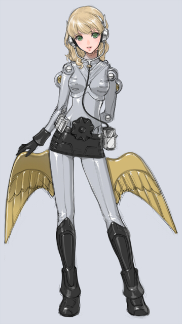 sano toshihide, bad id, bad pixiv id, blonde hair, bodysuit, green eyes, headphones, long hair, solo, wings