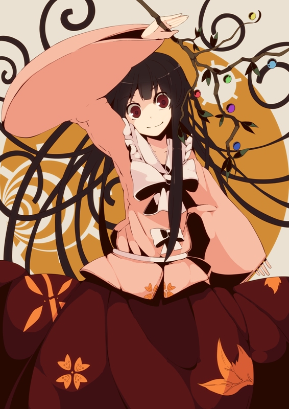 fuurin (omaemona), houraisan kaguya, touhou, bad id, bad pixiv id, 1girl, black hair, bow, bowtie, branch, brown eyes, female focus, jeweled branch of hourai, long hair, ribbon, solo
