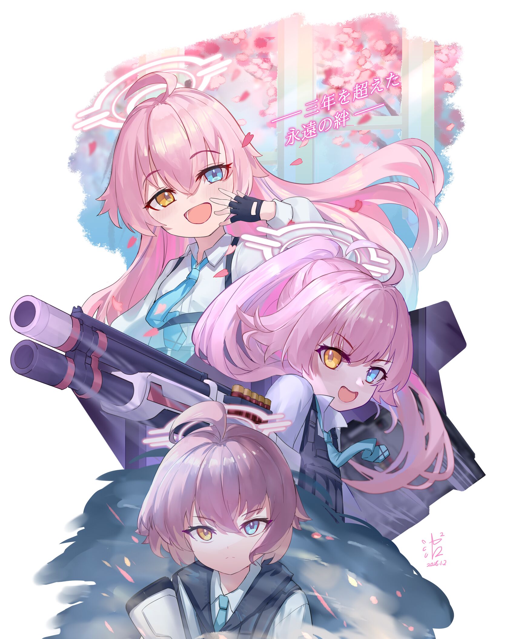 bobo (6630978), hoshino (blue archive), blue archive, commentary request, highres, translation request, 1girl, :d, ahoge, beretta 1301, black gloves, blue eyes, blue necktie, brown eyes, collared shirt, dated, dress shirt, fingerless gloves, gloves, gun, hair between eyes, halo, hand up, heterochromia, long hair, multiple views, necktie, open mouth, petals, pink hair, ponytail, shirt, shotgun, signature, smile, very long hair, weapon, white shirt