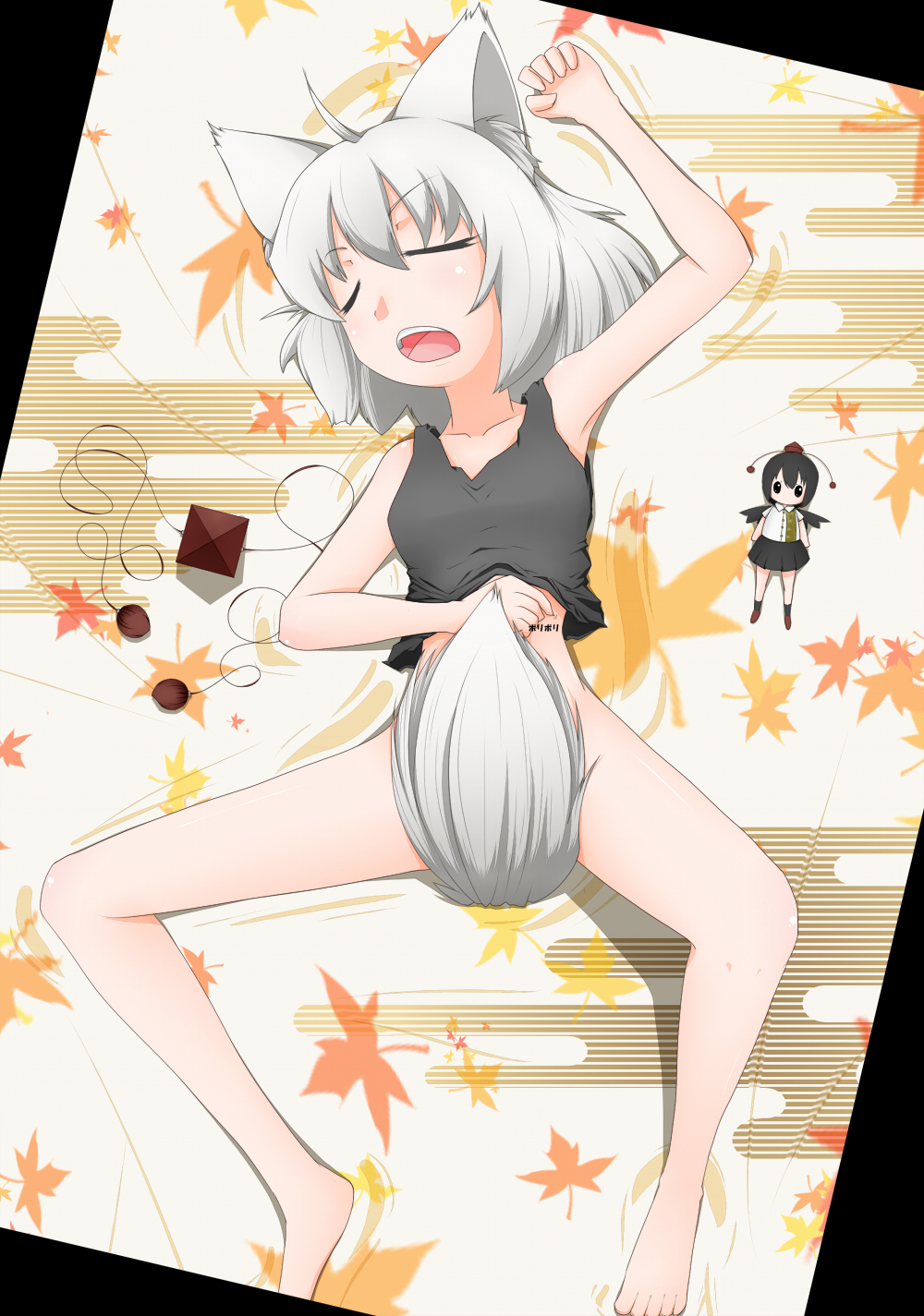 hullzion, inubashiri momiji, shameimaru aya, touhou, silver hair, bad id, bad pixiv id, highres, 1girl, ahoge, animal ears, armpits, autumn leaves, barefoot, bottomless, censored, character doll, closed eyes, convenient censoring, covering crotch, covering privates, doll, female focus, hat, leaf, maple leaf, no panties, open mouth, short hair, sleeping, solo, spread legs, tail, tail censor, tank top, tokin hat, wolf ears, wolf tail