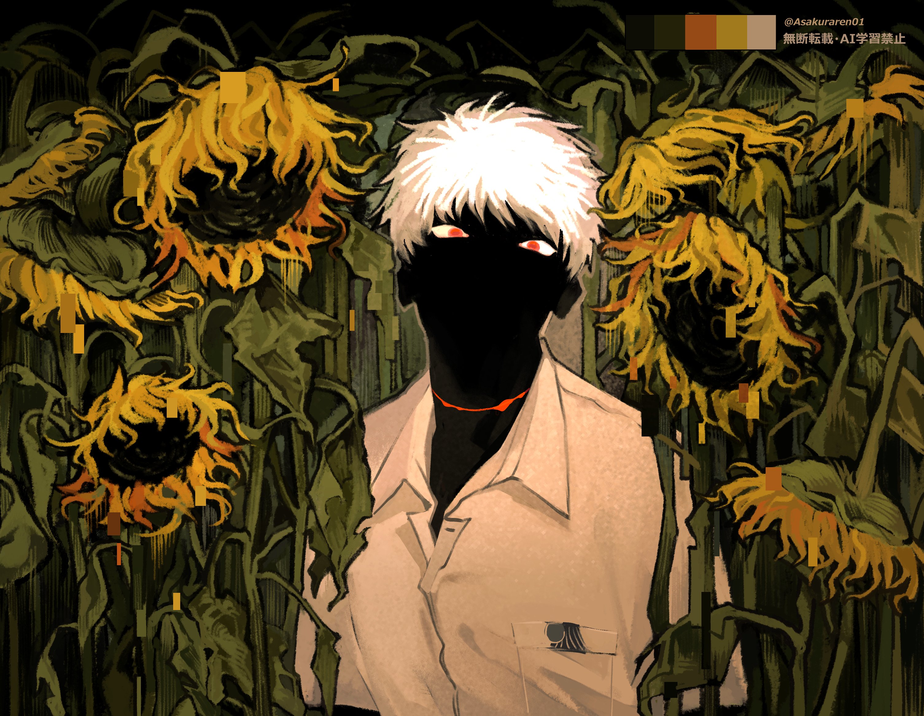 indou hikaru, hikaru ga shinda natsu, highres, 1boy, asakura (asakuraren01), collared shirt, color guide, flower, looking at viewer, male focus, pocket, red eyes, scar, scar on neck, shirt, short hair, solo, sunflower, twitter username, upper body, white hair, white shirt, wilted flower