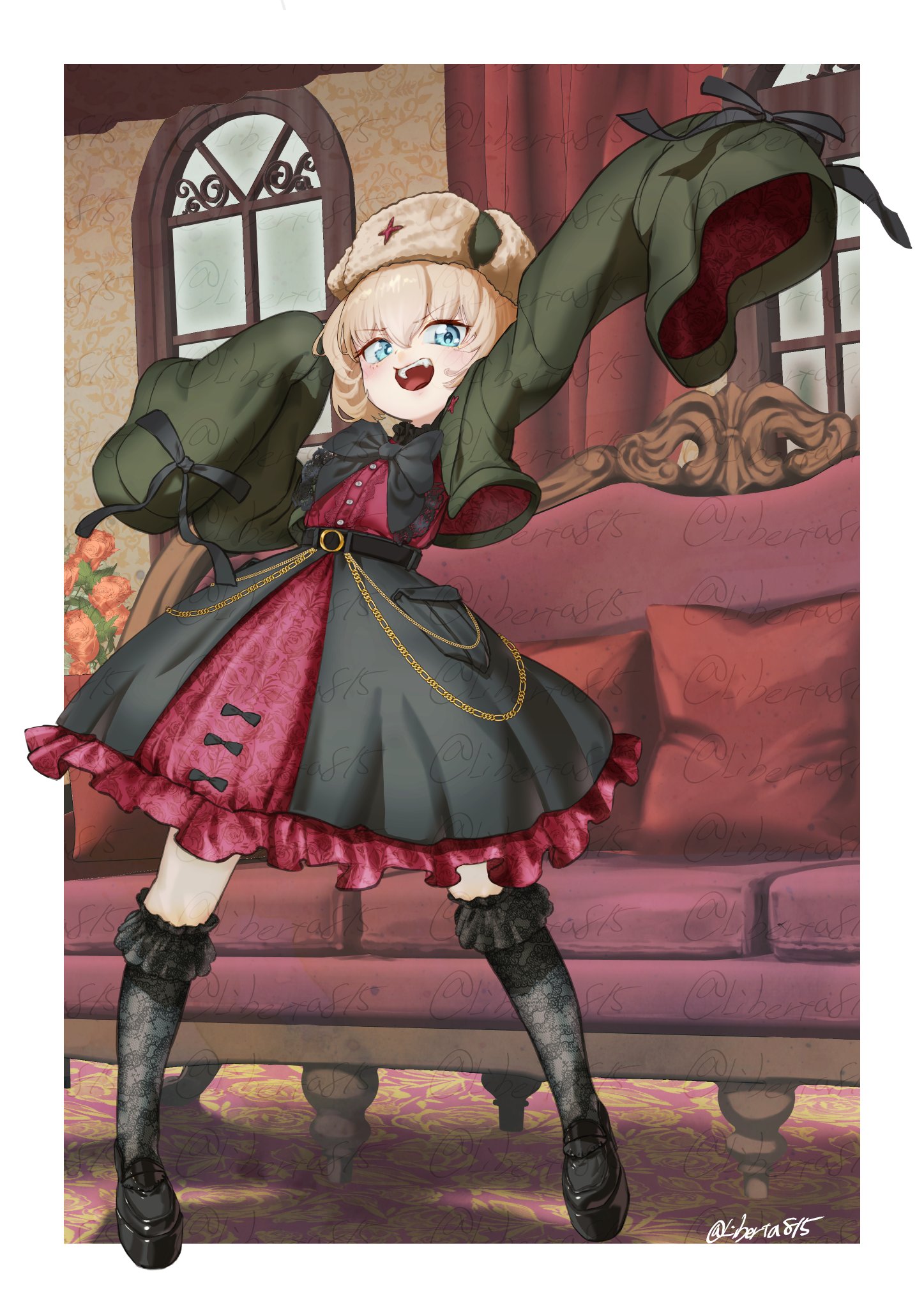 liberta815, katyusha (girls und panzer), girls und panzer, commentary request, highres, 1girl, alternate costume, blonde hair, blue eyes, couch, dress, fang, full body, hat, indoors, jacket, lace socks, looking at viewer, open clothes, open jacket, open mouth, short hair, sleeves past fingers, sleeves past wrists, smile, solo