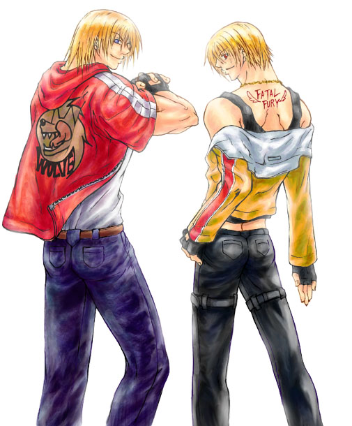 rock howard, terry bogard, fatal fury, garou: mark of the wolves, garou mark of the wolves, snk, the king of fighters, 2boys, belt, black gloves, black pants, black tank top, blonde hair, blue eyes, blue pants, brown belt, fingerless gloves, from behind, gloves, jacket, jewelry, male focus, multiple boys, muscular, muscular male, necklace, pants, pocket, red eyes, red jacket, shirt, short hair, simple background, tank top, white background, white shirt, yellow jacket
