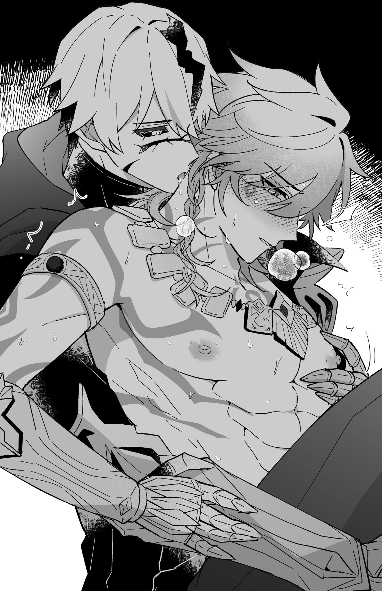 flame reaver of the deepest dark, mydei (honkai: star rail), phainon (honkai: star rail), honkai: star rail, honkai (series), commentary request, highres, 2boys, abs, arm tattoo, armlet, armor, black cloak, black coat, blush, braid, chest tattoo, clawed gauntlets, cloak, coat, cracked skin, facial tattoo, greyscale with colored background, jewelry, licking, licking another's neck, male focus, medium hair, monochrome, multiple boys, open clothes, open coat, pauldrons, pectoral grab, short hair, shoulder armor, side braid, single pauldron, souko ykyk02, tattoo, toned, toned male, yaoi