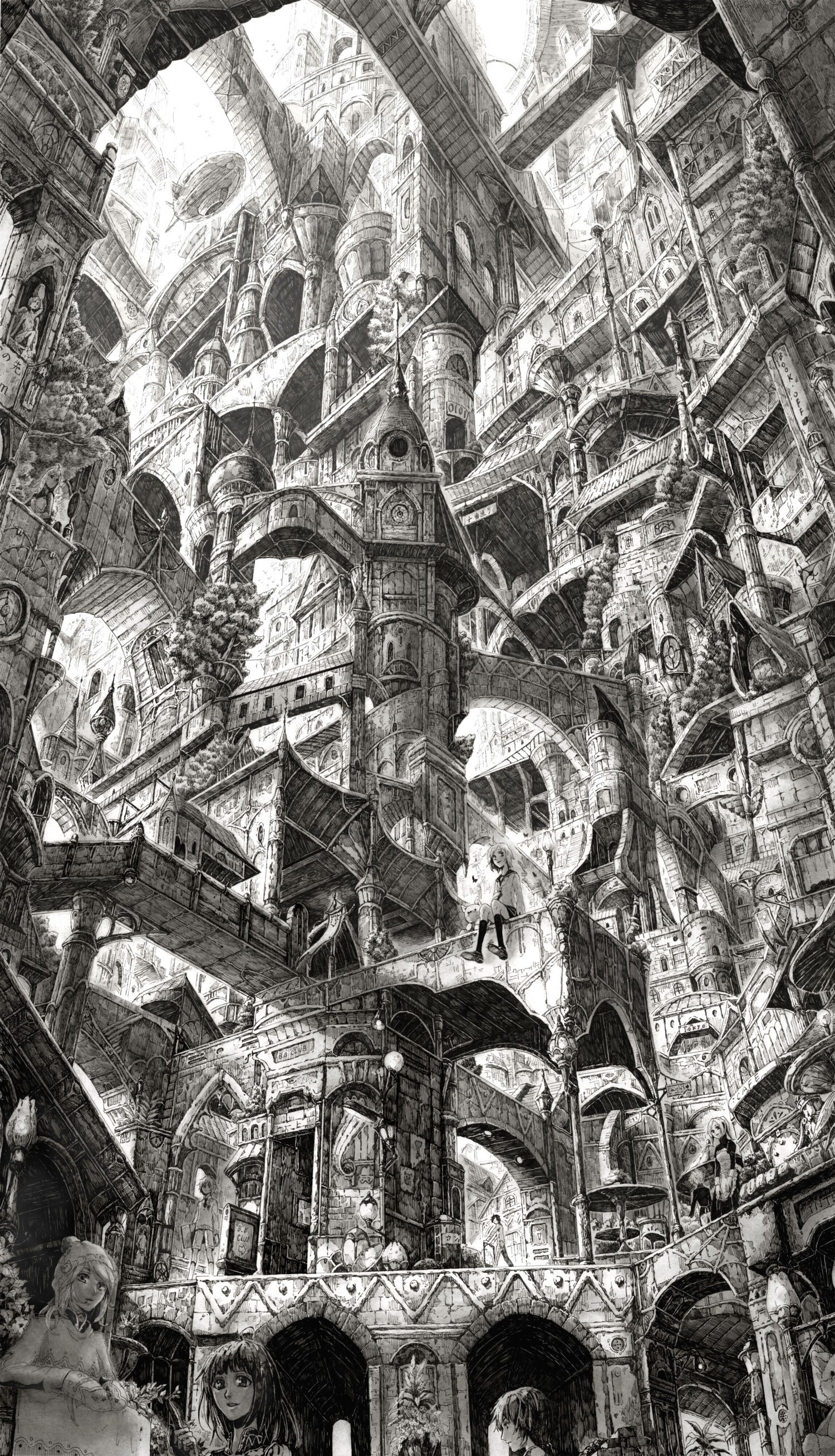 mita mitauzo, original, absurdres, bad id, bad pixiv id, highres, 3boys, 5girls, absurdly detailed composition, aircraft, bridge, cityscape, complex exterior, dirigible, grand scale, greyscale, monochrome, multiple boys, multiple girls, scenery