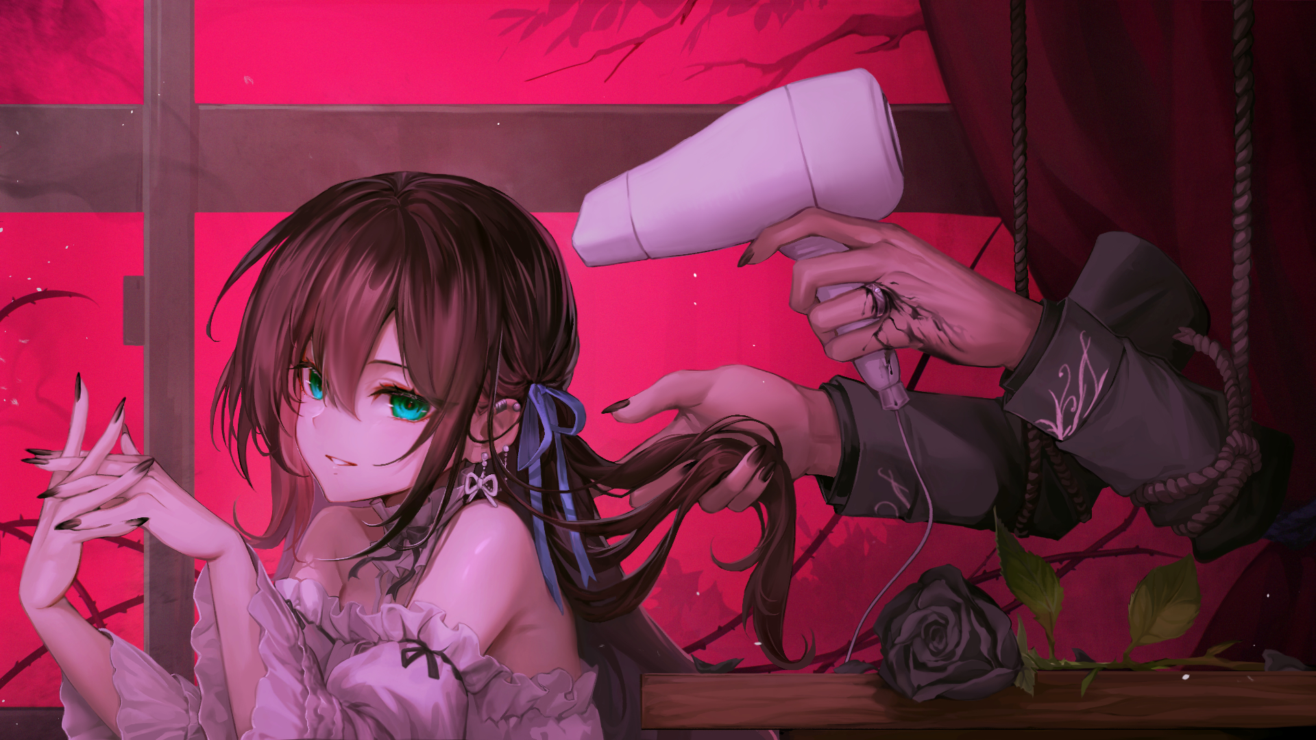 mishiya (misiya dream), copyright request, highres, 1girl, aqua eyes, black flower, black rose, blue ribbon, brown hair, flower, hair dryer, holding, indoors, jewelry, leaf, long hair, looking at viewer, nail polish, red background, ribbon, ring, rope, rose, table, thorns, window
