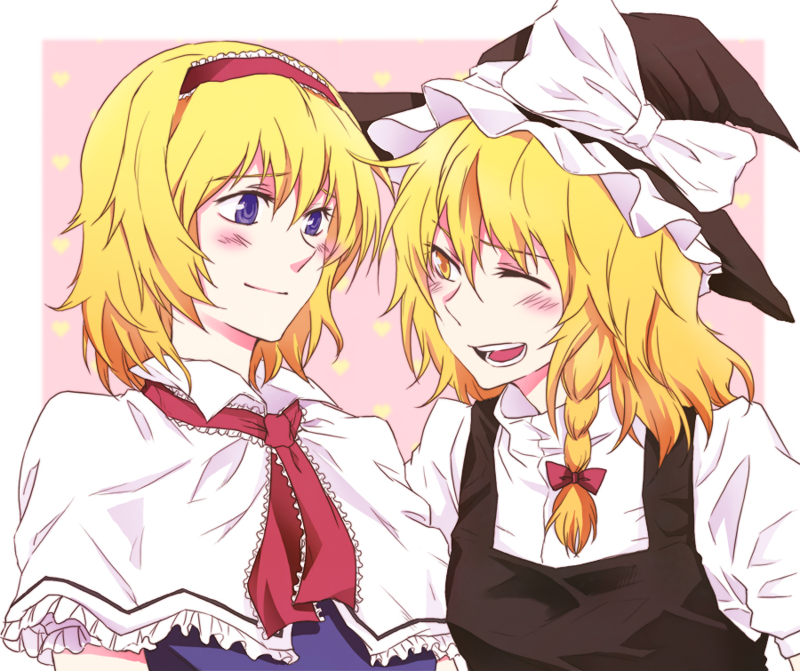 mizuki (ekakichan), negom, alice margatroid, kirisame marisa, touhou, bad id, bad pixiv id, 2girls, blonde hair, blush, braid, female focus, hairband, hat, multiple girls, one eye closed, ribbon, side braid, single braid, smile, wink, witch hat
