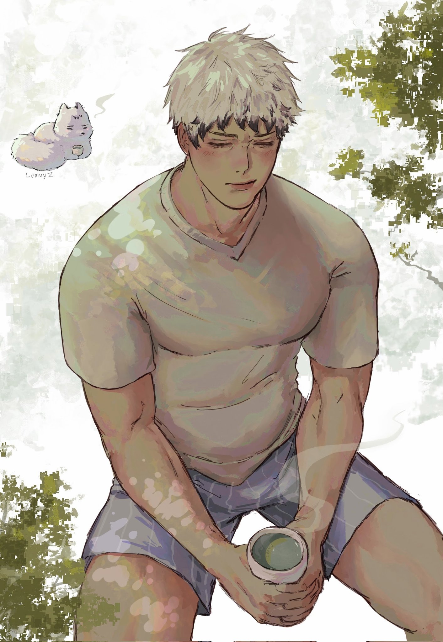 freaka loonyz, kita shinsuke, haikyuu!!, commentary, english commentary, highres, 1boy, animal, animalization, artist name, belly, black hair, boxers, closed eyes, closed mouth, colored tips, covered pectorals, cup, holding, holding cup, invisible chair, light blush, male focus, male underwear, multicolored hair, pectorals, plump, shirt, short hair, sitting, sleepy, solo, underwear, white hair, white shirt