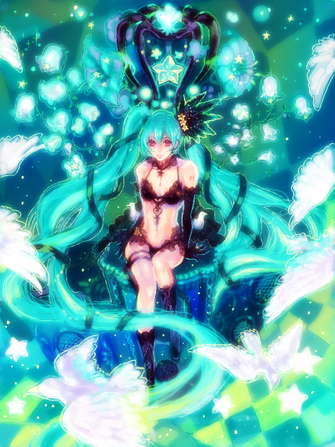 meiji (meitart), meiji (pixiv449150), hatsune miku, vocaloid, bad id, bad pixiv id, 1girl, aqua hair, bikini, bird, boots, elbow gloves, female focus, flower, gloves, hair ornament, long hair, red eyes, sitting, smile, solo, swimsuit, throne, twintails, very long hair